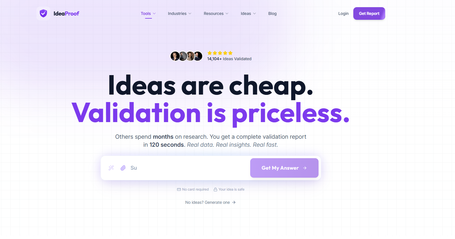 IdeaProof interface showing startup validation report and brand assets