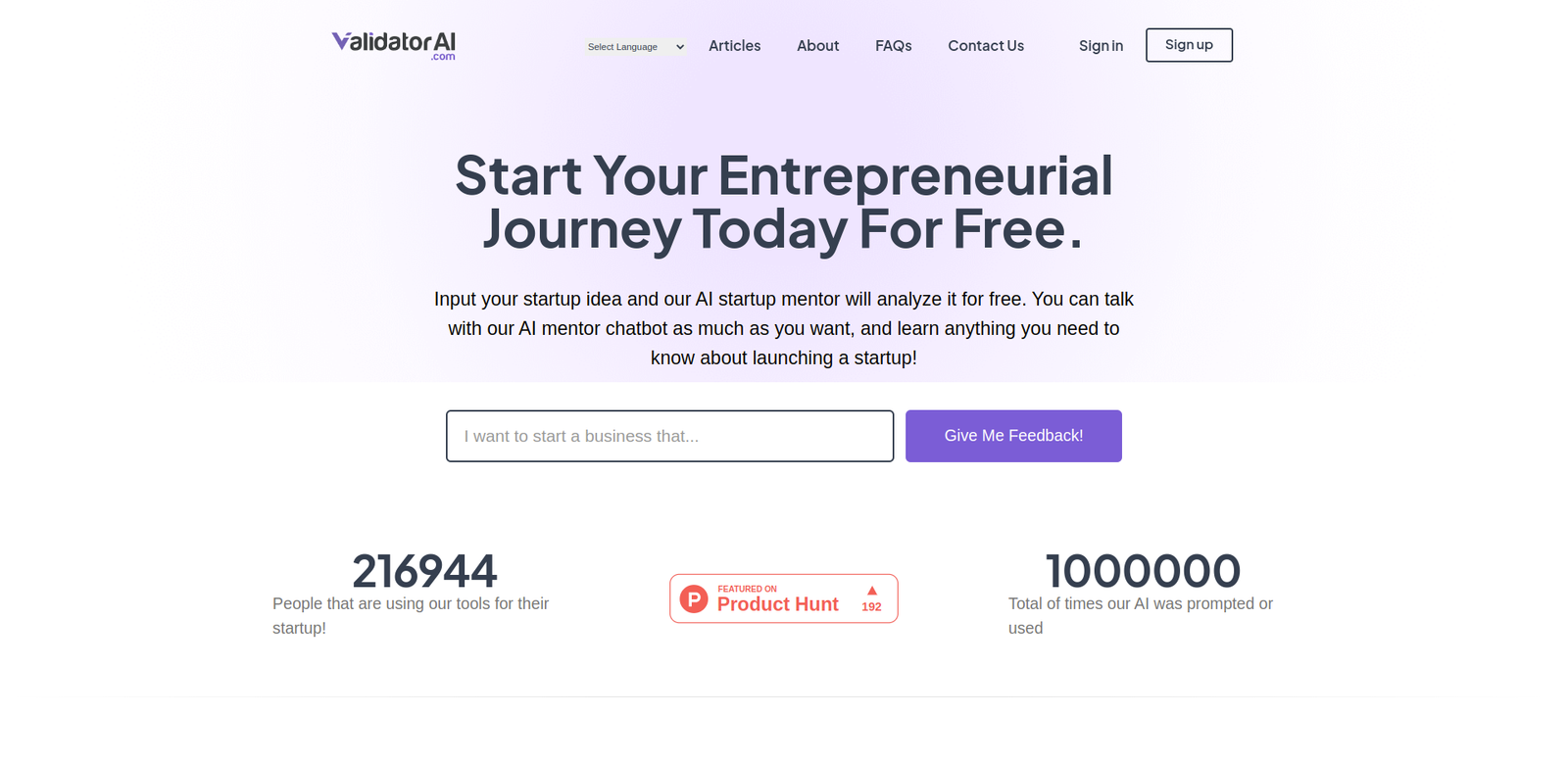 ValidatorAI interface showing Val the AI startup advisor